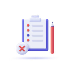 3d cartoon vector illustration. Clipboard with red x mark. Denied or rejected checklist questionnaire form. Document verification and disapproval concept.