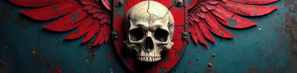 Grunge painted skull, cracked shield, heraldic style, morbid, symbol