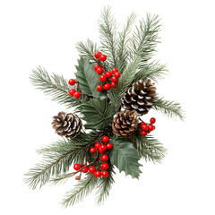 Christmas Pine Branch with Holly Berries and Pine Cones Isolated on Transparent Background