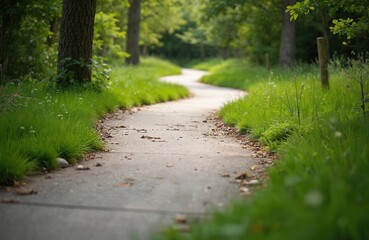 Winding concrete path goes through summer park with green grass. Pathway among trees offers stroll in nature. Empty sidewalk curves into distance. Relaxing walk in city garden for better well being.