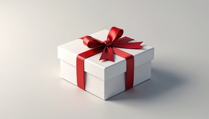 Obraz premium White gift box with red ribbon tied in bow. The present is isolated on white. Illustration perfect for holidays celebrations or brand promotions.