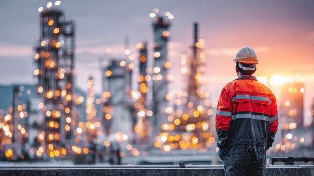 Engineer inspecting in industrial oil refinery, stand with back Industry 4.0 concept, Background blurred concept