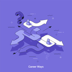Isometric vector illustration, metaphor for trying to choose career path on confusing road with question mark. Business decision making and strategy concept for professional development.