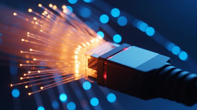 Closeup of a fiber optic cable connector glowing bright orange with blue bokeh lights in the background.