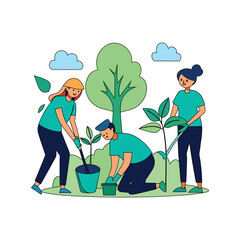 volunteers planting trees together