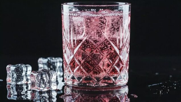Sparkling Pink Soda in Crystal Glass with Rising Bubbles on Black Background 4k Video
