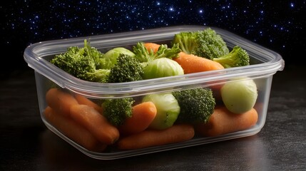 Fresh colorful vegetables like carrots and broccoli stored in a clear container beneath a dramatic starry night sky