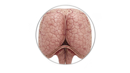 Detailed view of the human brain showing cerebral cortex and blood vessels isolated on a transparent background