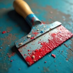 Heavily used scraper, paint residue, chipped handle, renovation, texture