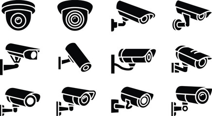 Collection of Black Security Camera Icons on White Background surveillance camera cctv © Creatives Mind