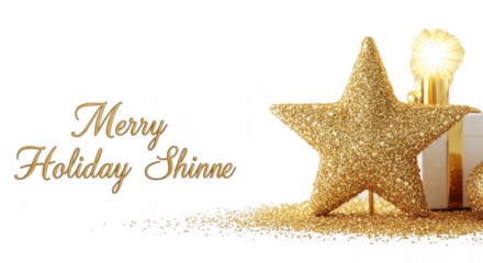 Golden star and gift box with sparkling glitter and text isolated on a transparent background sparkle