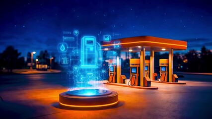 Holographic electric vehicle charging at modern fuel station at night with digital energy interface showing smart mobility infrastructure - Powered by Adobe