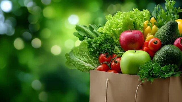 78Paper grocery bag with fruits and vegetables floating out, apples, avocados, tomatoes, leafy greens, green background with negative space for promotional text