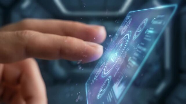 Futuristic transparent touchscreen holographic interface with hand and finger interaction, glowing holographic controls, interaction and futuristic