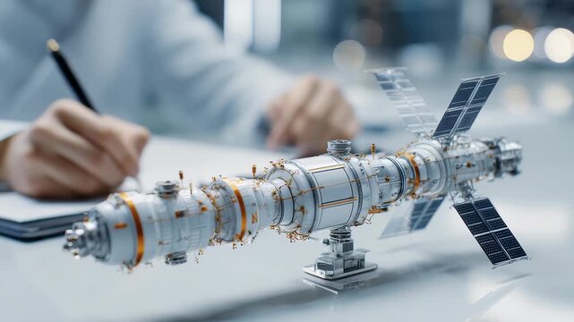 A close up view of a modern space station model showcases intricate engineering and innovation. The blurred figure in the background suggests scientific planning and exploration