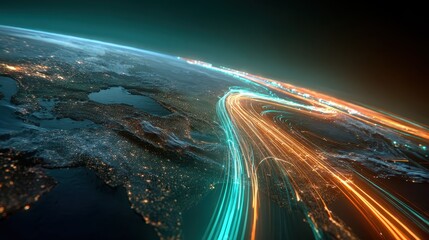 Global investment pathways visualized as glowing highways across Earth, futuristic realism, teal orange palette, 3D render, finance concept.