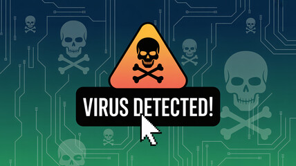 Virus detected warning sign with skull and crossbones on circuit board background