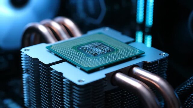 Macro shot of a computer CPU processor on a heatsink with copper heatpipes and blue ambient light