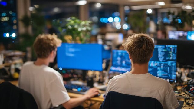 335Team of developers coding in a cozy studio, multiple screens displaying game engines, sketches and notes on walls, soft warm light, creative and focused atmosphere