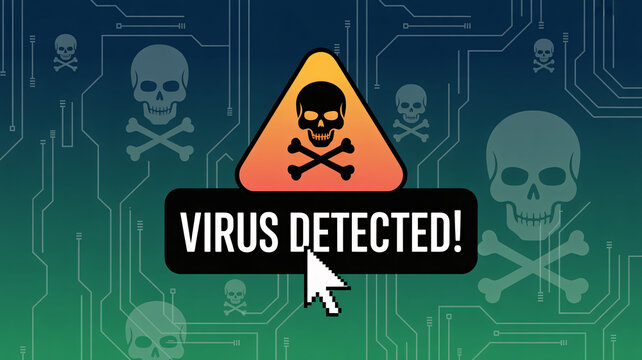 Virus detected warning sign with skull and crossbones on circuit board background - Powered by Adobe