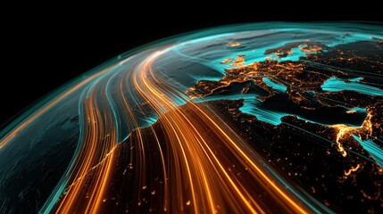 Global investment pathways visualized as glowing highways across Earth, futuristic realism, teal orange palette, 3D render, finance concept.