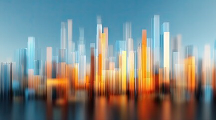 Abstract, blurred city skyline in cool blues and warm oranges