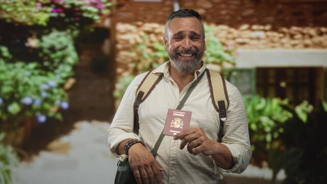 Man holding passport and smiling with hand raised beside backpack at building entrance of a sunlit building outdoors; travel joy.