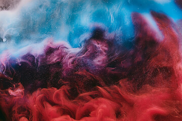 Abstract colorful smoke background. Moving flow of blue, red, white paints, fluid art