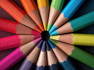 Colorful arrangement of sharpened colored pencils forming a circular pattern, showcasing vibrant hues and textures, ideal for creative projects and artistic expression