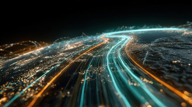 Global investment pathways visualized as glowing highways across Earth, futuristic realism, teal orange palette, 3D render, finance concept.