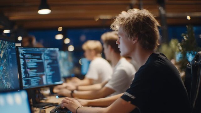 340Creative game studio scene, team working on computers and discussing game design, cozy office with ambient lighting, screens showing code and character models