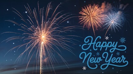 Vibrant fireworks explode in night sky with happy new year text for celebration with festive and sparkler with wish