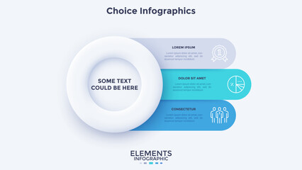 Obraz premium Vector illustration with circular 3d element with three horizontal text blocks on side. Modern business infographic template with steps for presentation slide background.