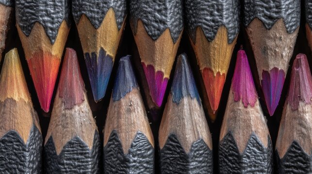Colorful pencils arranged in a close-up view, showcasing vibrant tips and wooden textures, creating an artistic atmosphere for creative projects and design inspiration - Powered by Adobe