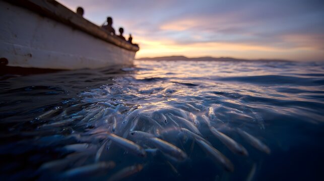 A school of small fish swims in calm water beside a boat during a vibrant sunset twilight