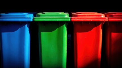 Colorful recycling bins in a row, featuring blue, green, red, and yellow containers, showcasing waste separation for environmental sustainability and community awareness