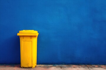 Bright yellow trash bin stands against a vibrant blue wall, creating a striking contrast, emphasizing urban aesthetics and environmental themes in a modern setting