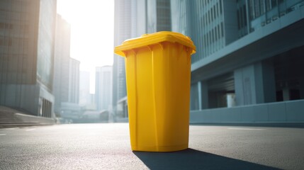 Bright yellow trash bin stands prominently on an urban street, surrounded by modern skyscrapers, showcasing waste management in a bustling city environment with vibrant sunlight