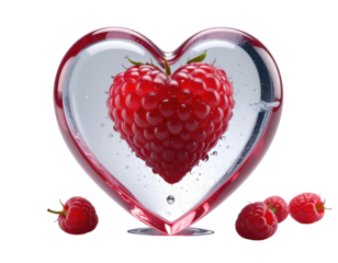 3D render of a heart-shaped ice cube with a red berry inside,white background.