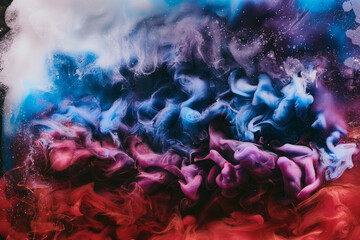 Abstract colorful smoke background. Moving flow of blue, red, white paints, fluid art