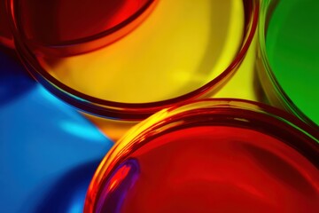 Vibrant colored liquids in transparent glass containers, showcasing red, yellow, green, and blue hues, creating a visually striking composition with reflections and shadows