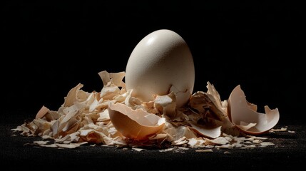 An egg stands surrounded by broken shell fragments against a black background, with directional light highlighting texture