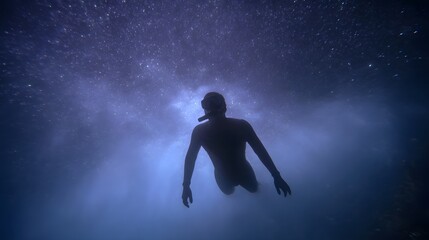A solitary diver swims in deep blue water surrounded by atmospheric particles resembling a starry night sky