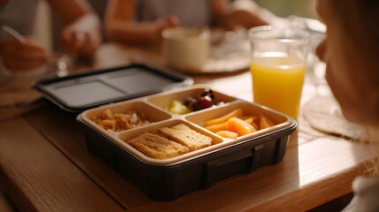 Healthy partitioned lunch box with orange juice enjoyed during family mealtime in soft sunlight