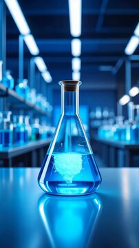 Erlenmeyer flask filled with blue liquid substance in modern laboratory. Scientific research and medical research concept, lab equipment, experiment