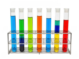Row of laboratory test tubes filled with colorful liquids in a metal rack isolated on a transparent background