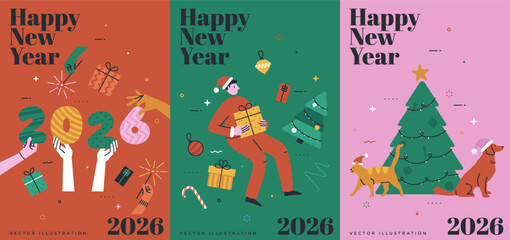 Happy New Year 2026 banners set in flat line art style with characters. Festive greeting card design. Winter holiday celebration. Vector illustration