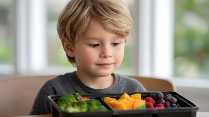 Young boy looks at healthy lunchbox filled with colorful fruits and vegetables