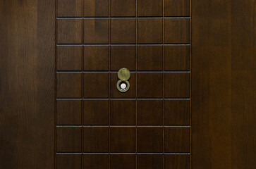 Wooden Front Door with Brass Peephole and Privacy Cover