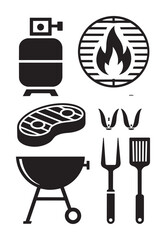 Black and white barbecue including grill gas tank steak utensils